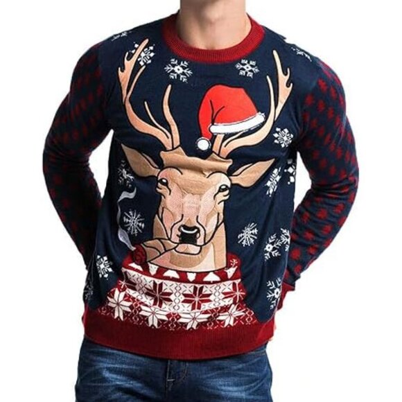 YOU LOOK UGLY TODAY Men's Ugly Christmas Sweater - Reindeer Smoking a Cigar - Picture 3 of 3